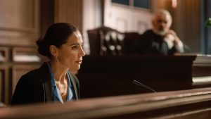 Court of Law and Justice: Portrait of Beautiful Female Victim Giving Heartfelt Testimony to Judge, Jury. Emotional Speech of Empowered Woman against Crime, Injustice, Prejudice, Corruption