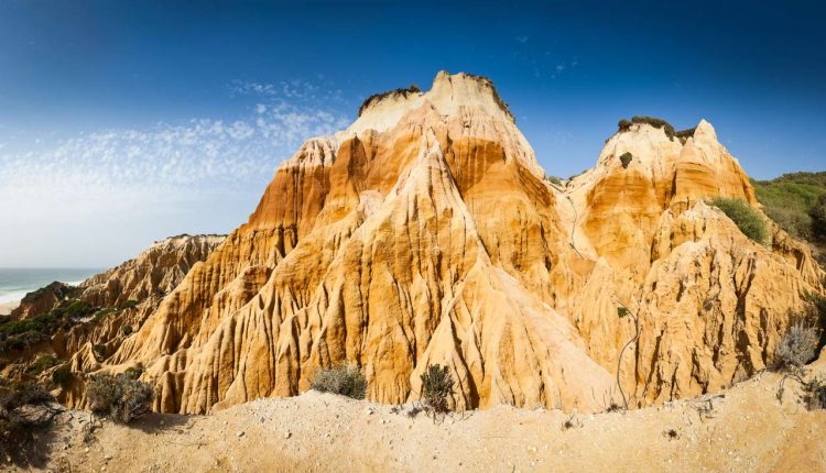 Portugal---Panorama-of-the-sandstone-cliffs-in-Gale-beach,-Comporta